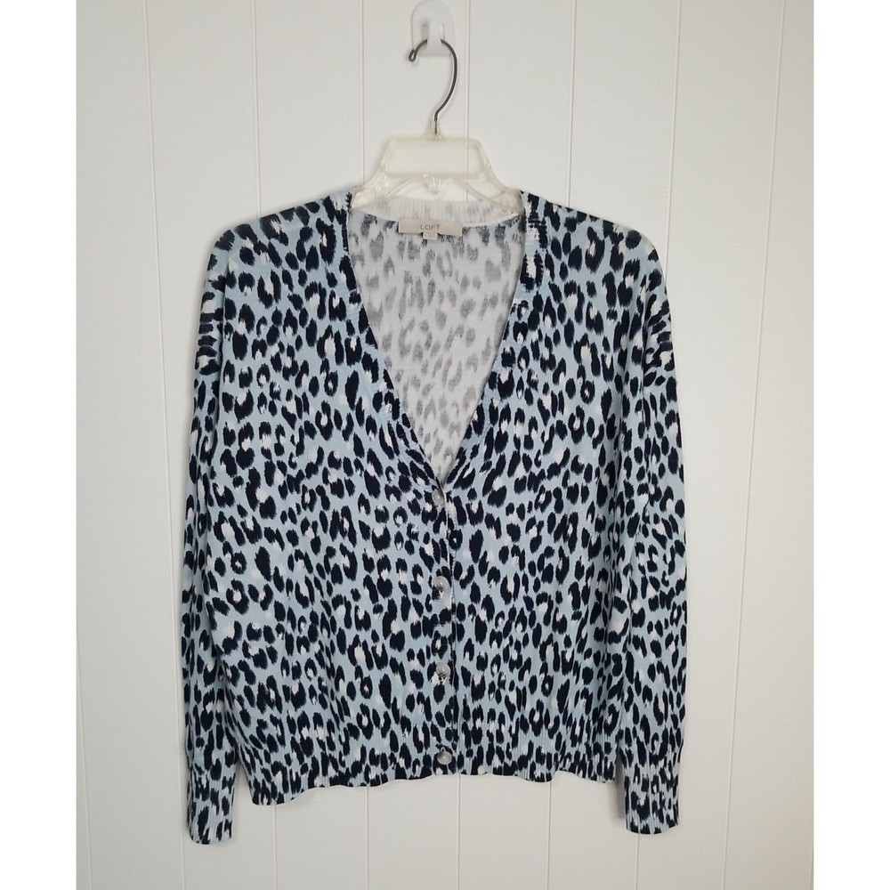 Loft Sweater Womens Size Large Animal Print Blue Button Up Cardigan